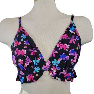 Cupshe Bikini Top Womans Large Black Floral Ruffle Bottom Beach Vacation NWT